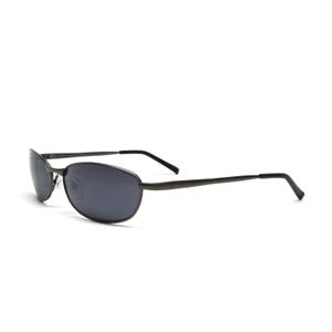 May include: Oval-shaped sunglasses with a dark gray frame and lenses. The sunglasses have a sleek, minimalist design with thin temples and a subtle curve. The lenses appear to be tinted, offering protection from the sun.