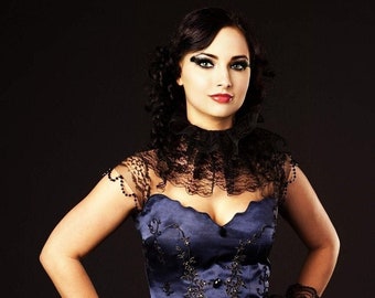 Azul marinho vitoriano gótico vampiro barroco vestido exclusivo alta costura bola de casamento masquerade cetim renda bordado vestido esfarrapado dia das bruxas