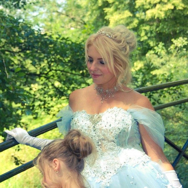 Sky Blue Cinderella's Inspired Princess Bridal Gown Mum&Daughter Match Wedding Evening Fairytale Dress 3D Flowers