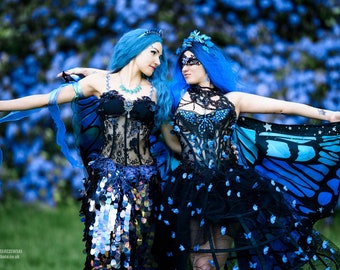 Blue Butterfly Effect Gown Dress Rhinestones Embroidery Lace 7 Piece Set Corset Skirt Wings Cosplay Masquerade Costume