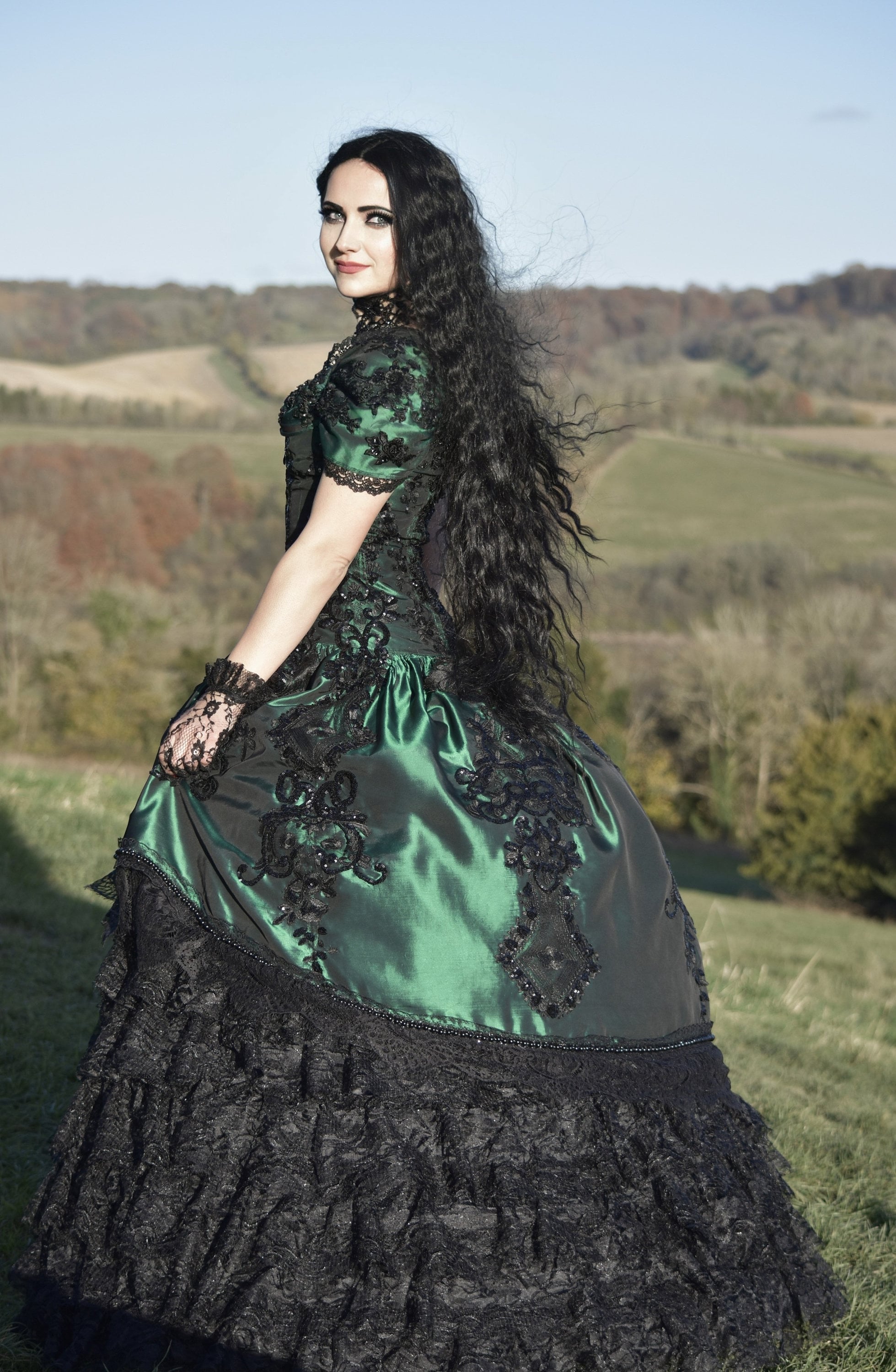 slim fit dress slacks Gothic Cold Shoulder Puff Sleeves Plaid Print Lace Up Patchwork A Line Dress Green / M main image 1
