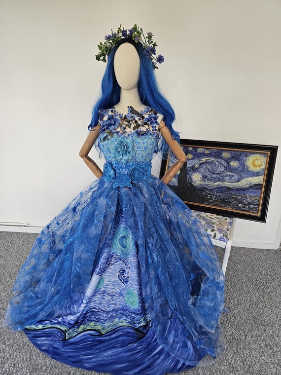 Van Gogh Starry Night Inspired Blue Bridal Gown Handpainted Embroidery Tulle One of a Kind Fairytale Fairy Gown