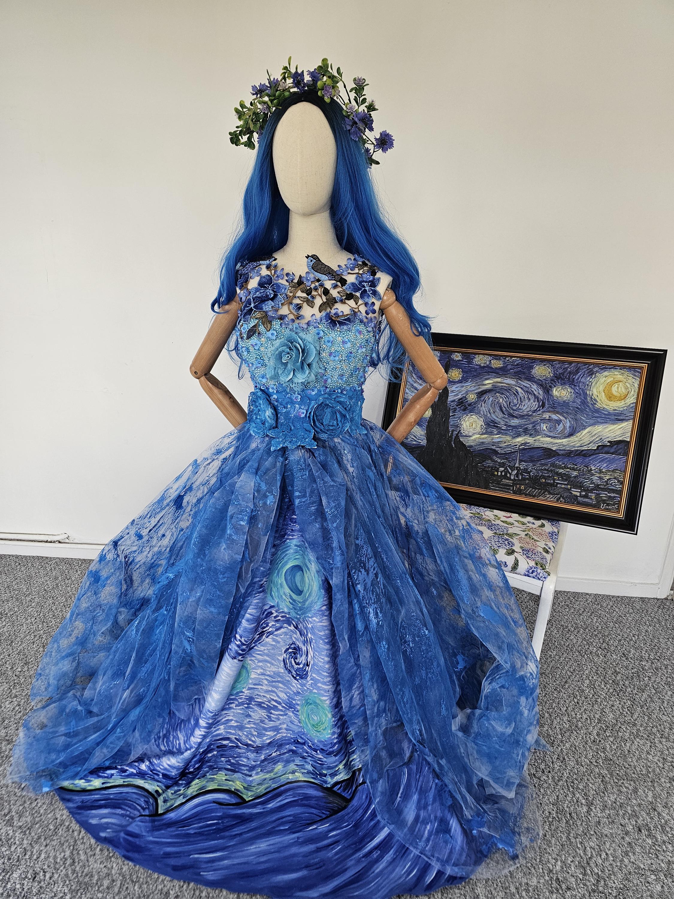 Van Gogh Starry Night Inspired Blue Bridal Gown Handpainted Embroidery Tulle One of a kind Fairytale Fairy Gown