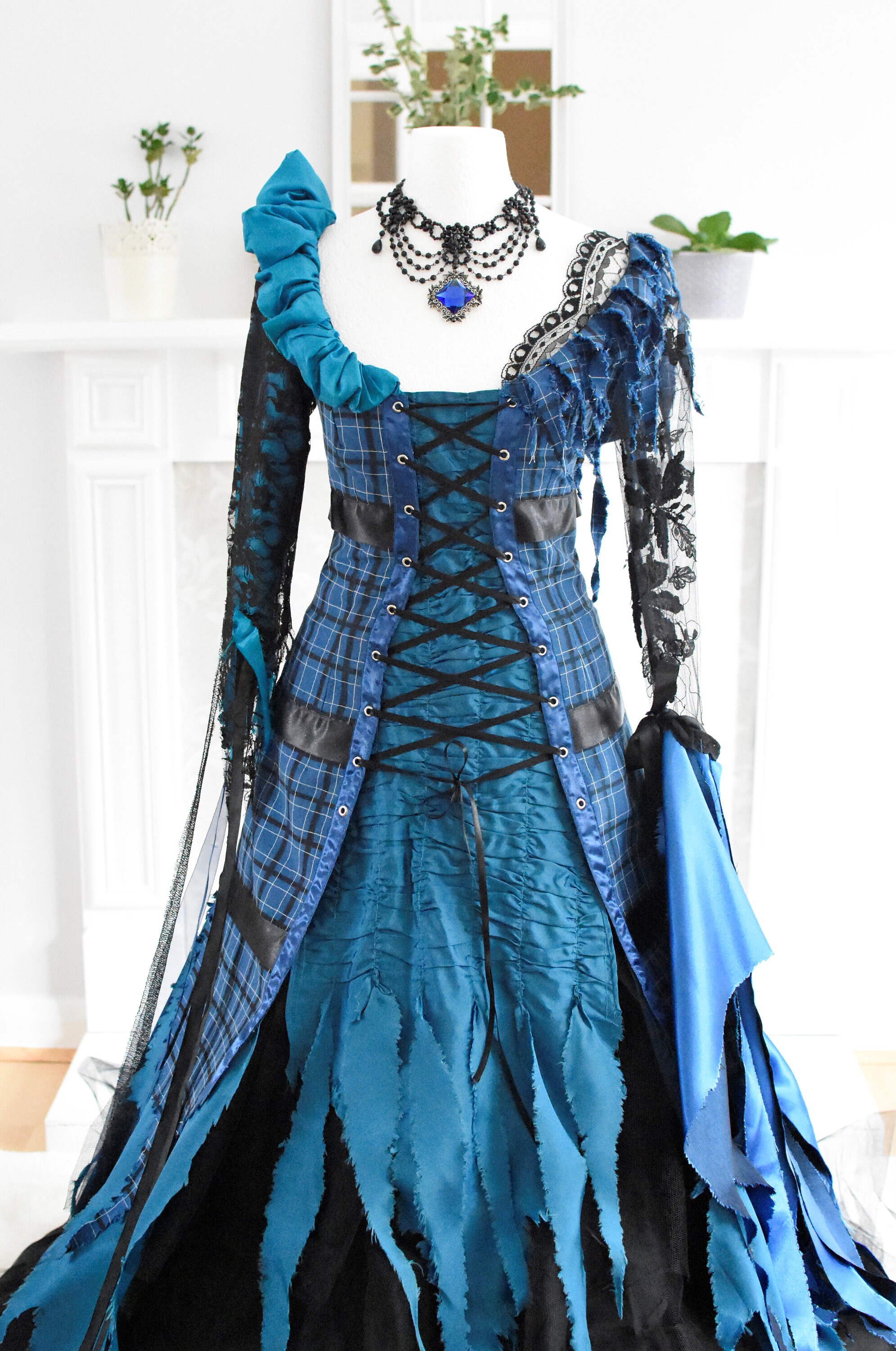 blue gothic dress Blue Brocade Gothabilly Dress Old Sizes – DraculaClothing main image 0