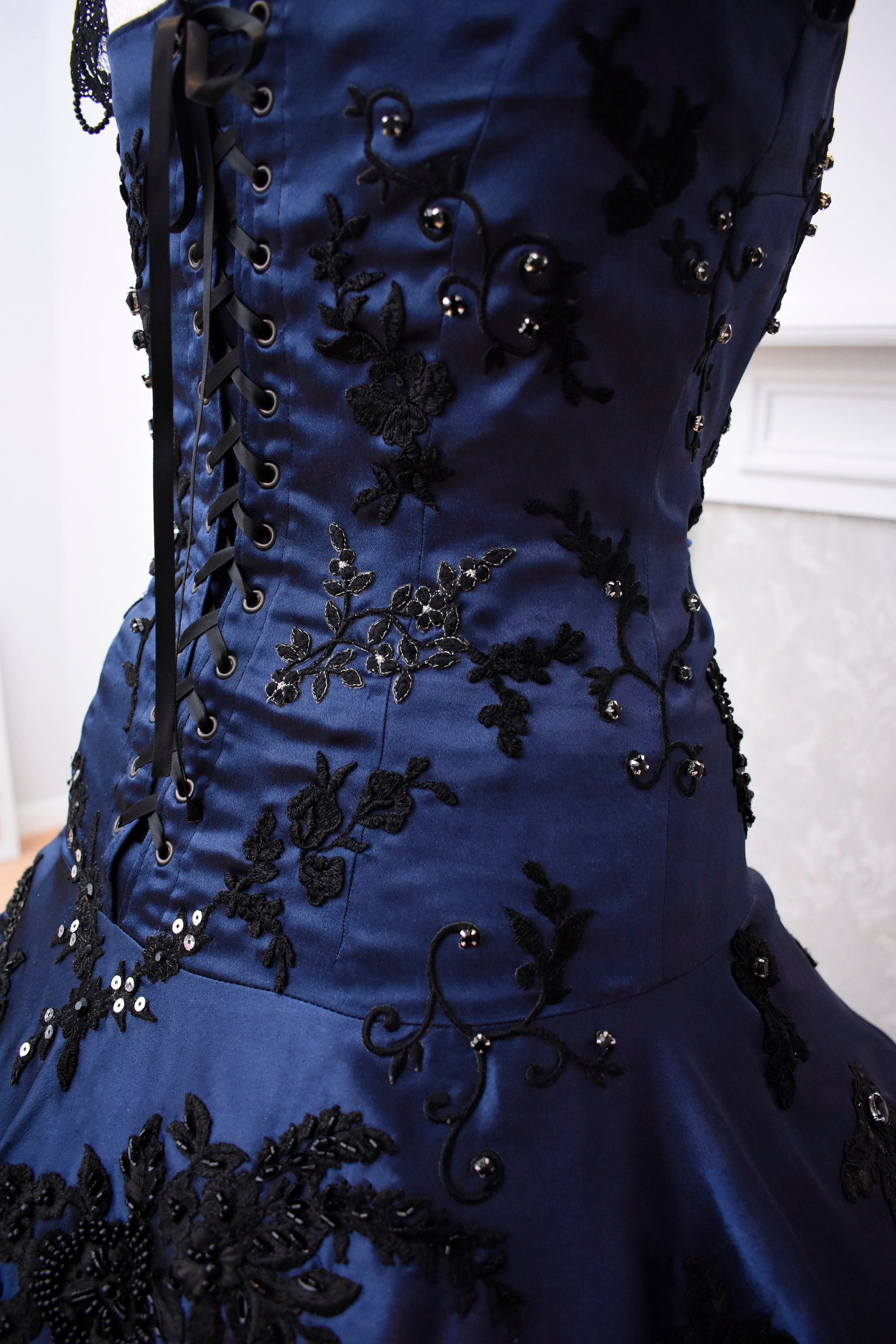 blue vampire dress Navy Victorian Gothic Baroque Gown Unique Haute Couture Wedding Ball Masquerade Satin Lace Embroidered Tattered Halloween M but still can YGroup_rodneyasymmetricalmaxidress Ivory Lace Sleeveless Backless Size:Large (PRE ORDER)