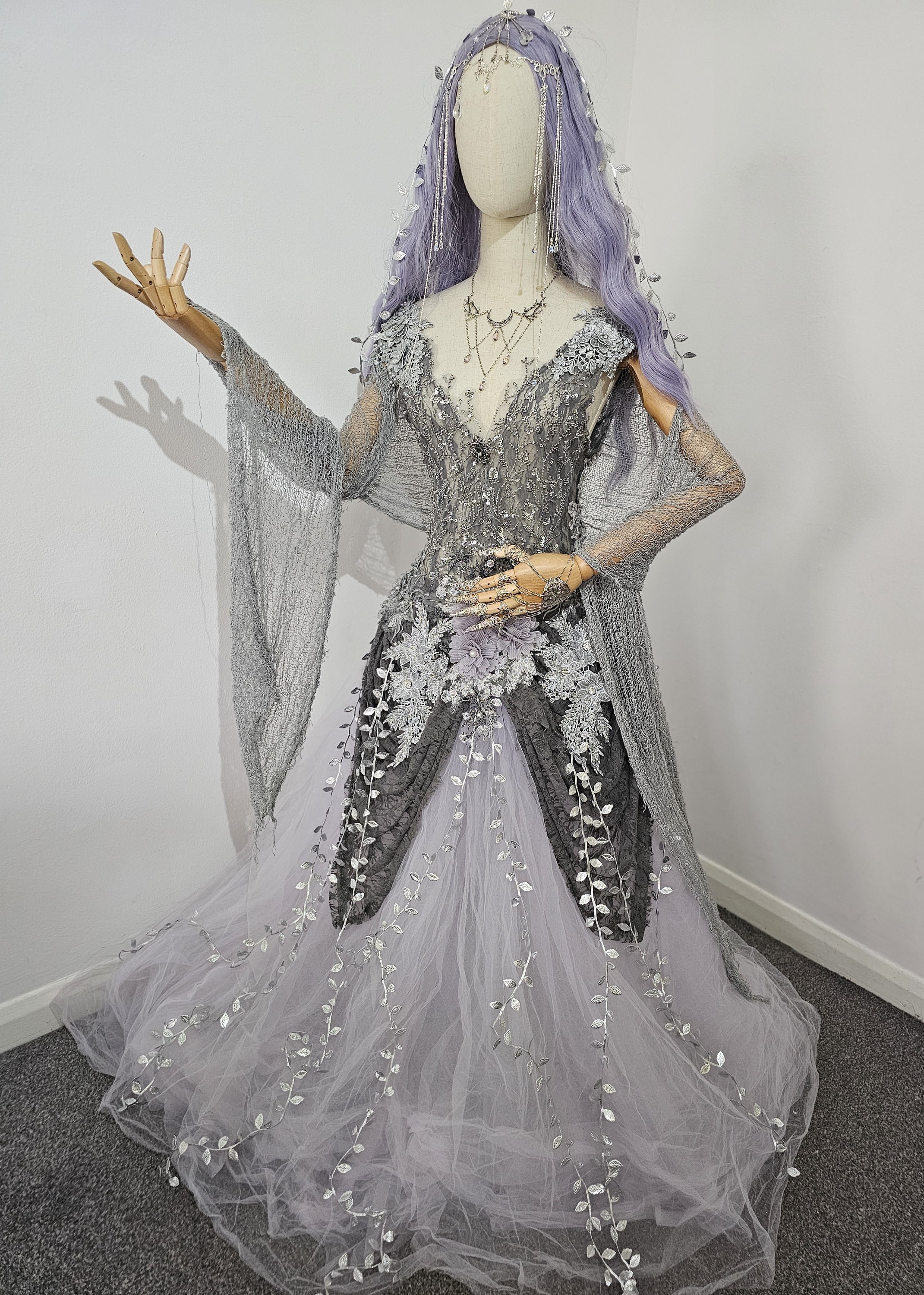 silver enchanted dress Silver Graphite Gray Ethereal Misty Magical Elven Fairy Forest Wedding Lace  Embroidery Sparkling Gown Elf-fairy Mystic Fantasy Fairytale