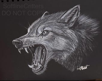 8”x12” Framed One of a Kind Original White Charcoal Drawing of Growling Wolf – Wildlift Art – Gift for Wolf lovers
