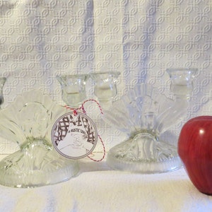 Pair of Beautiful, Vintage Pressed Glass Double Candlestick Holders
