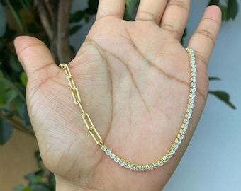 Gold-filled Half chain link half tennis choker. Half chain link half tennis necklace. Tennis X Chain necklace. Chain X Tennis necklace.
