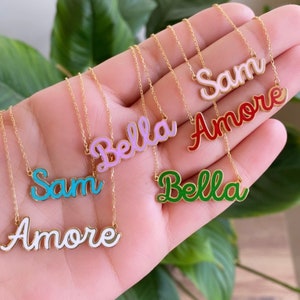Sterling silver 14K gold plated Enamel Script Miley Nameplate Necklace | Enamel Hebrew Name Necklace | Personalized enamel script Jewelry
