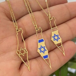 May include: Three gold necklaces with pendants shaped like the outline of Israel. Each pendant features a blue and gold Star of David.