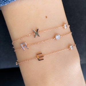 Sterling silver and gold plated CZ initial bracelets. Letter bracelets. Personalized bracelets. Hebrew initial bracelet. Custom bracelet.