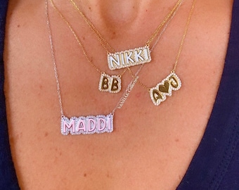 NEW personalized pave outline enamel necklace. Custom enamel pave Julia necklace. Personalized enamel bubble name necklace.