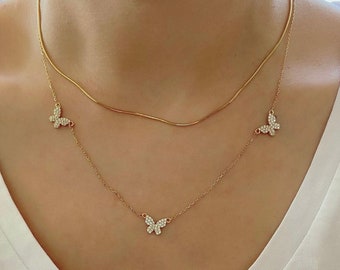 Gold, rose gold, sterling silver pave butterfly necklace. Sterling silver 14K gold plated cz butterfly choker. Triple butterfly CZ necklace.
