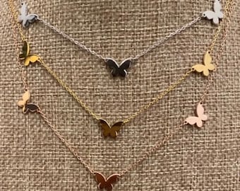 Gold, rose gold, sterling silver butterfly necklace. Sterling silver 14K gold plated butterfly choker. Triple butterfly necklace.