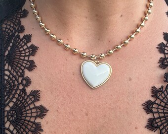 18K gold-filled large ball necklace with white enamel heart | gold-filled Bailey chain necklaces l ball chain and heart charm necklace