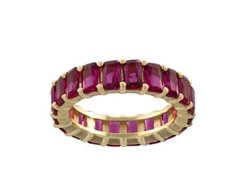 Emerald cut eternity band. Wedding band. Anniversary ring. Red Sterling Silver Baguette Style Eternity Band Ring Gold Plated