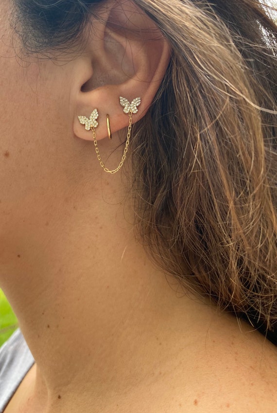 Pave Double Butterfly Chain Earrings studs. Chain Earrings
