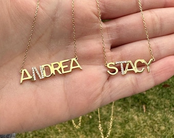 Sterling silver 14K gold plated Stacy Block Nameplate Necklace | Name Necklace | Personalized Name Jewelry | custom name pave necklace