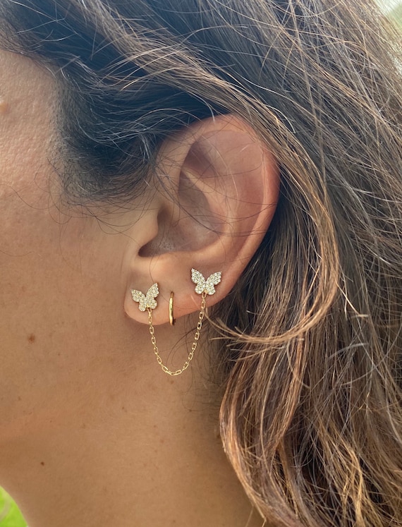 Pave Double Butterfly Chain Earrings studs. Chain Earrings