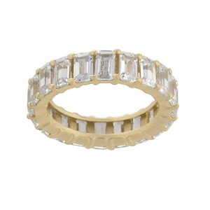 Emerald cut band. Sterling Silver and 14K Gold Plated Baguette Style Eternity Band Ring with Clear Stones. Emerald cut eternity band.