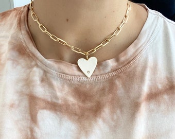 18K medium gold filled paper clip chain necklaces with jumbo enamel heart. Chain necklaces with charm. Gold-filled charm necklace