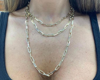 18K New chunky gold filled paper clip chain necklaces. Gold long link Chain necklaces. Long link chain choker. Paper clip necklace.