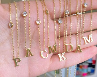 Initial necklace with bezel stone | dainty letter necklace | custom initial necklace | Sterling silver gold plated