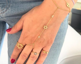 Sterling silver gold plated hand chains | Evil eye hand chain | Jewish star hand chain | Star of David hand chain | Personalized hand chain
