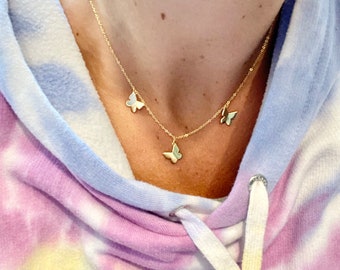 Gold butterfly necklace. Sterling silver 14K gold plated butterfly choker. Dangling butterflies necklace.