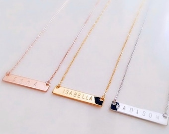 Sterling silver custom bar necklaces. Gold, rose gold or silver. Personalized bar necklace.