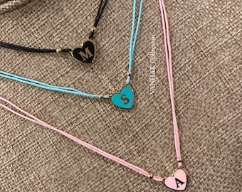 Enamel heart initial string necklace | Sterling Silver 14K Gold Plated | enamel heart personalized necklace | initial necklace on string