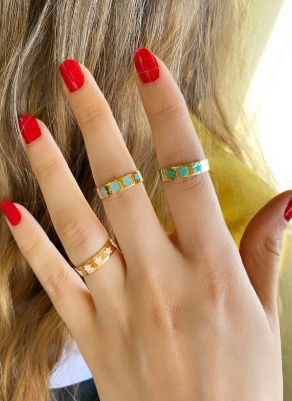 Elli Anillos Mujeres Banda Pila Con Esmalte Naranja En Plata De Ley 925