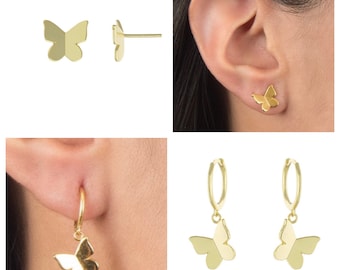 Gold butterfly earrings. Sterling silver 14K gold plated butterfly drop earrings. Butterfly earrings studs or dangling butterfly huggies.