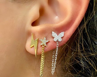 Pave star chain earrings/studs. Chain earrings. Cuban link star earrings. Sterling silver 14K gold plated. Gold, rose gold, silver.