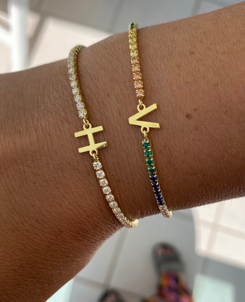 Initial Tennis Bracelet Rainbow Initial Tennis Bracelet Etsy