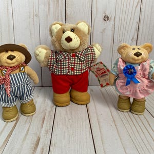 May include: Three plush teddy bears are displayed. One bear wears a brown hat, overalls, and a red and white scarf. Another bear is dressed in a red and black plaid shirt and red pants. The third bear wears a pink dress with a blue ribbon.