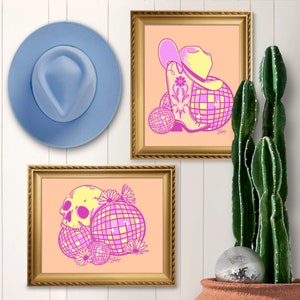 Disco Daisy Cowgirl Skull Art Pink and Yellow