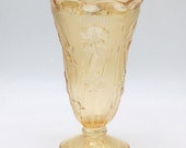 1930s Vintage Peach Opalescent Carnival Glass Vase with a Raised Daffodil Floral Design