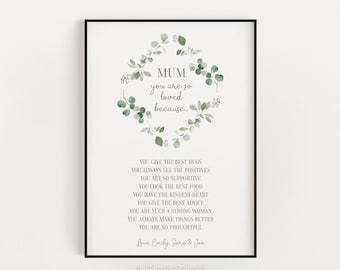 May include: Framed print with the words "MUM you are so loved because" surrounded by a green floral wreath. The print includes a list of reasons why the person is loved, signed "Love Emily, Sara & Joe."