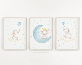 Blue Elephant Print Trio Set - Nursery wall art | Elephant nursery | Nursery decor | Animal nursery | 3 Set of prints