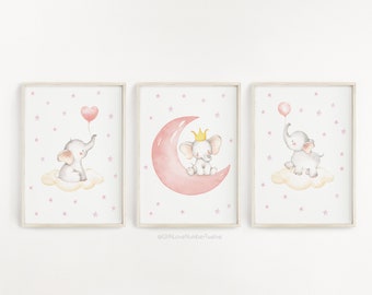 Pink Elephant Print Trio Set - Nursery wall art | Elephant nursery | Nursery decor | Animal nursery | 3 Set of prints