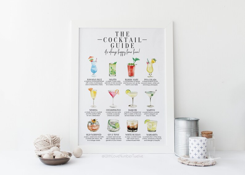 May include: A printable poster with a white background and a black frame. The poster features a watercolor illustration of 10 different cocktails with their names and descriptions. The text reads "The Cocktail Guide - It's always happy hour!"