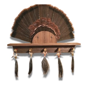 May include: A wooden shelf with a turkey tail fan mounted above it. The shelf has five hooks with turkey feathers hanging from them.