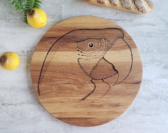 Round Wood Serving Board, 16 inch Charcuterie Board with Tropical Parrot Decor