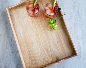 Handcrafted Hickory Wood Tray with Handles: Ottoman Coffee Table Tray