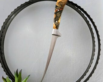 Cuchillo para filetear pescado hecho a mano: hoja de acero inoxidable 440C, madera de serpiente o castaño de Indias