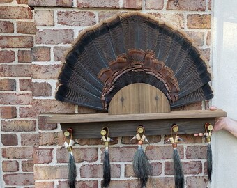 Turkey Feather Mount Plaque, Taxidermy Board, Barnwood Style Rustic Shelf, Farmhouse Decor Key Hanger