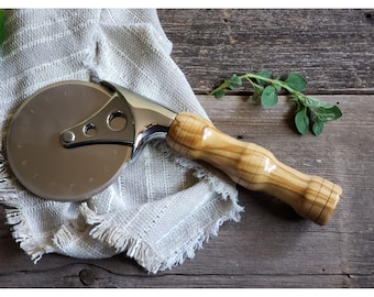 Large 4 Inch Pizza Cutter with Wood Handle, Heavy Duty, Deep Dish, Pan Style, Thick Crust, Italian Olivewood