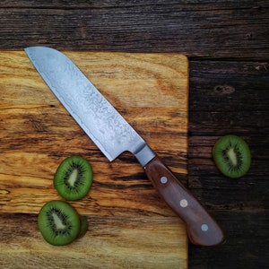 May include: A wooden cutting board with a silver knife, two kiwi slices, and a few red tomatoes.
